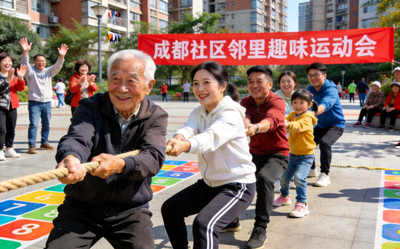 成都社区邻里趣味运动会场景 - 不同年龄段的居民共同参与拔河比赛