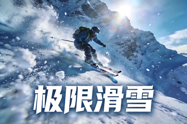 极限滑雪游戏预告图 - 运动员从陡峭雪山滑降，雪花飞溅