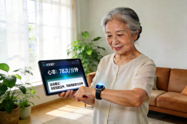 老年人使用智能设备进行健身 - 界面显示心率与运动建议