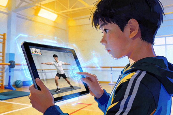 青少年通过数字平台参与体育训练 - 屏幕中显示教练远程指导