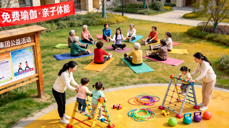 社区体育活力场景 - 社区居民在公园里参与集团组织的免费瑜伽和亲子体能活动