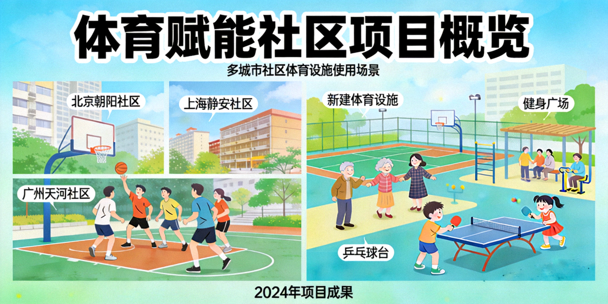 体育赋能社区项目概览图 - 不同城市的社区居民在新建的体育设施中愉快地进行篮球、健身操等体育活动